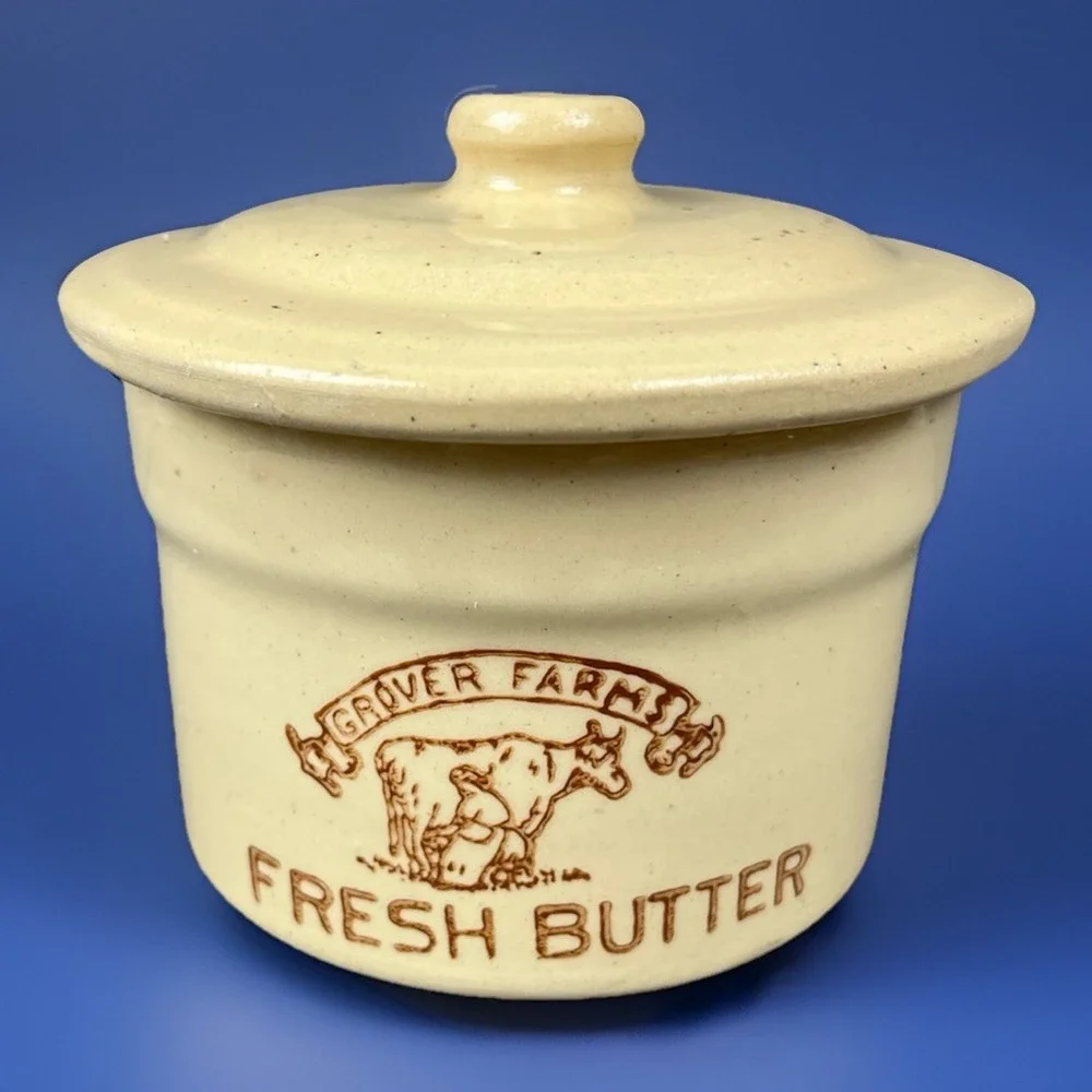 Grover Farms Fresh Butter  Vintage Pottery Crock Yellow Cow Advertising